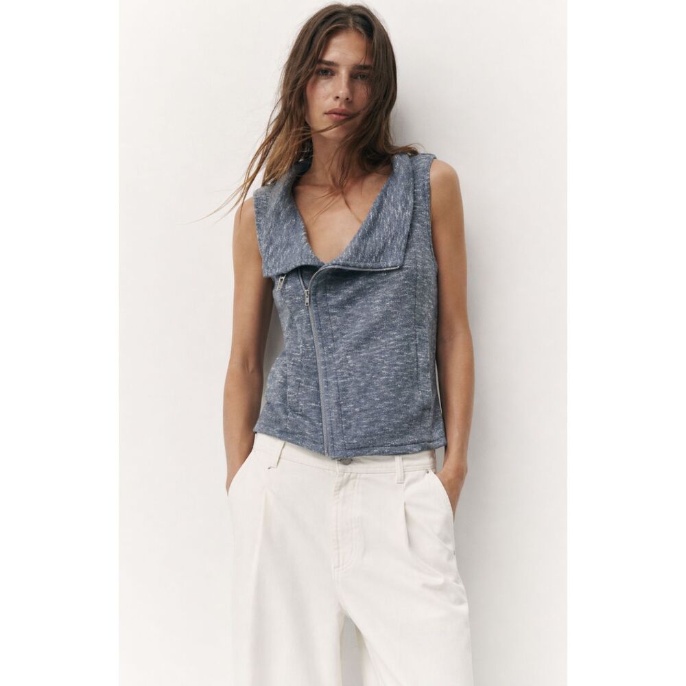 For Cynthia Blue Zip Up Collared Sleeveless Knit Vest Casual Layer Cozy Top S